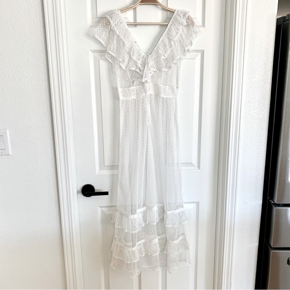 [🌟 PRICE FIRM] ANTHROPOLOGIE White Ruffle Sheer Mesh Maxi Dress Small Petite SP - Picture 7 of 15